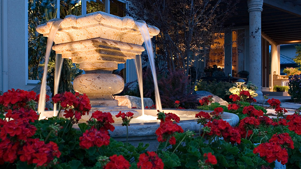 Water fountain surrounded by red colored flower plants in the backyard