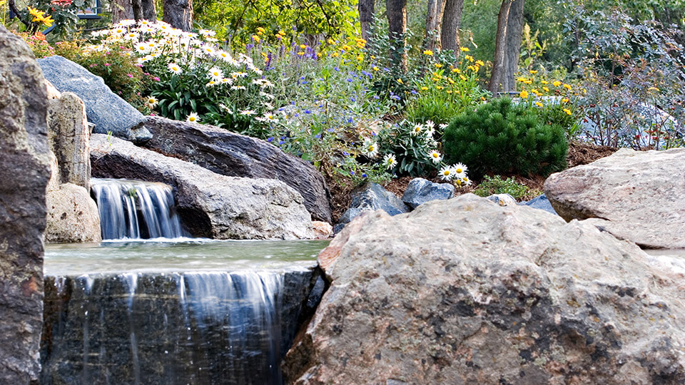 Garden area filled with small water falls, flower plants and trees