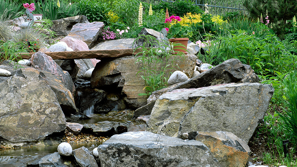 Water stream along with rocks, grass plants, colored flower plants in the garden