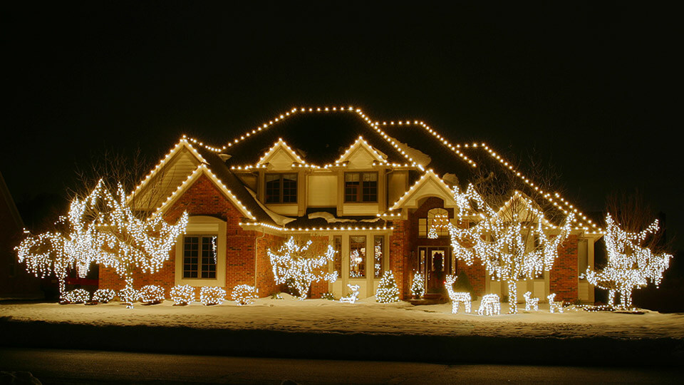 A House, trees and plants are fully decorated with colourful lighting for christmas and new year eve