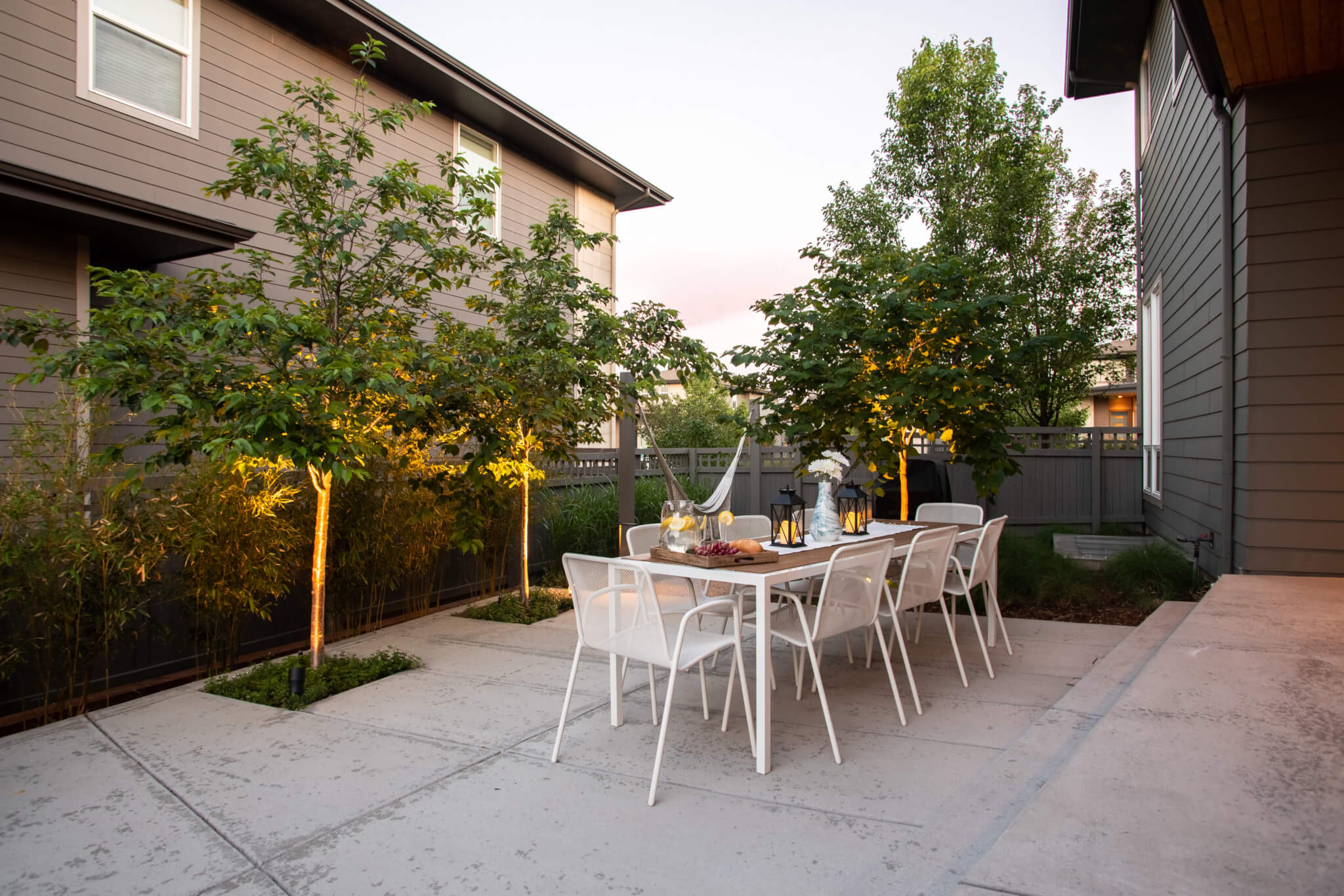 Plants, trees, chairs and dining table setup in the backyard