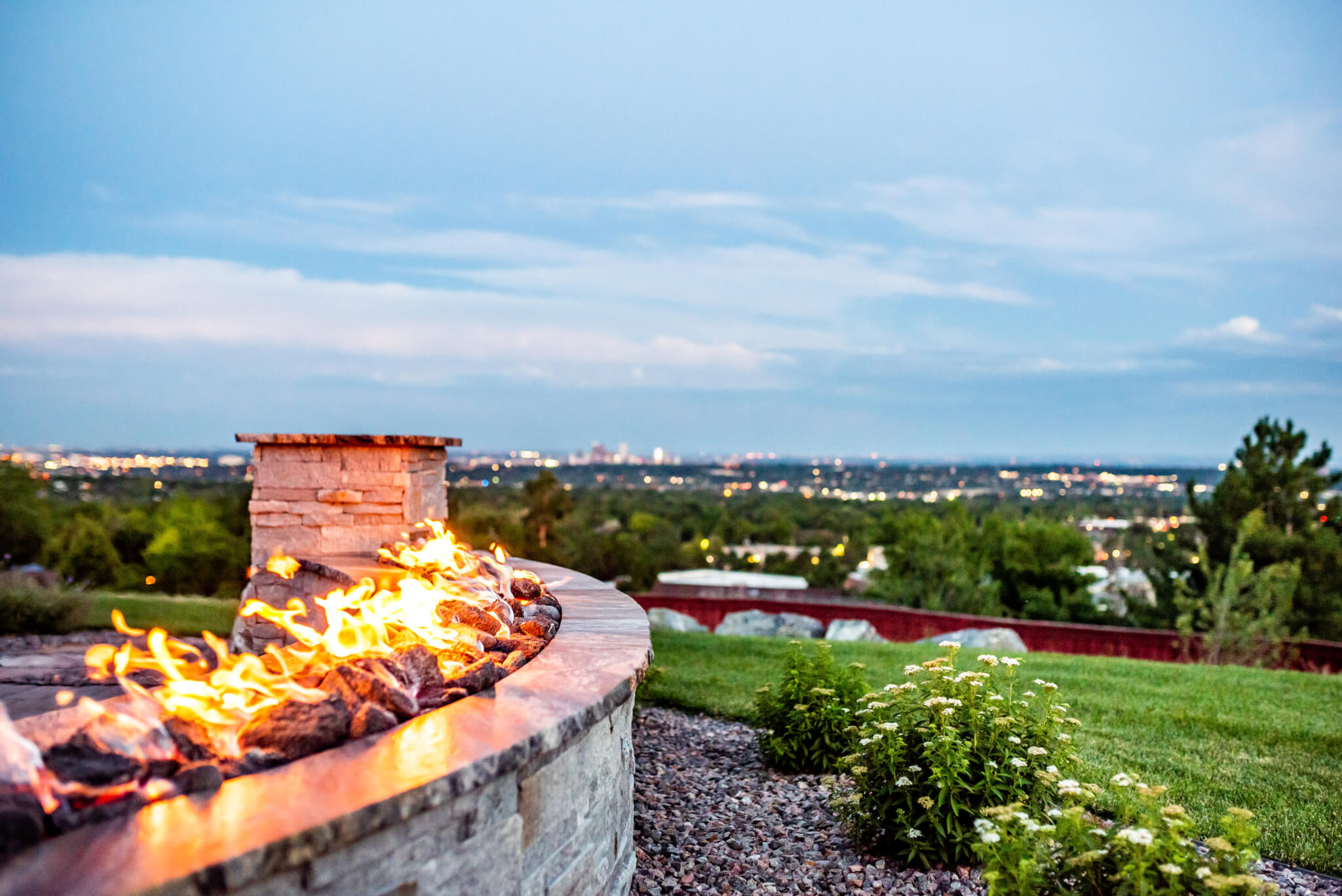 Natural gas fire pit in the garden area