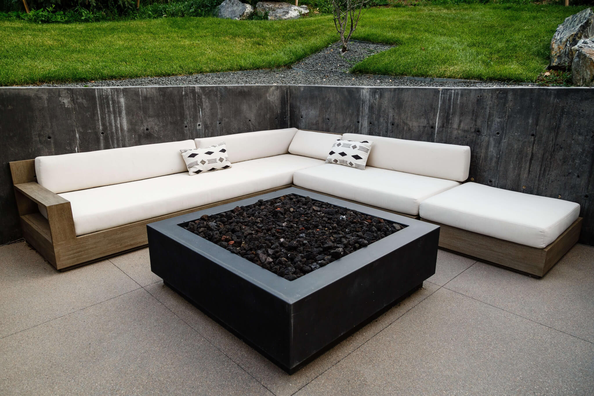 Sitting area with fire pit and sofa