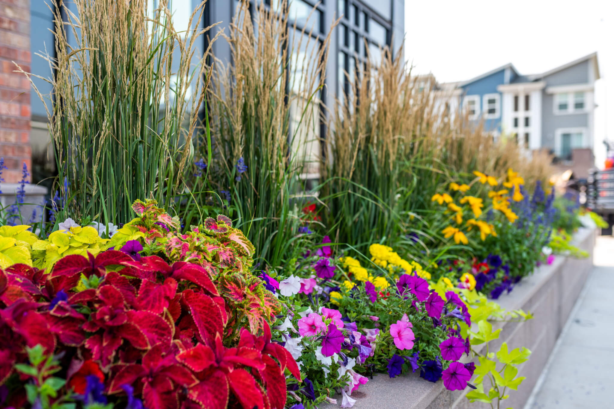 There is a Stacked stone flower pots filled with different types of plants and colourful flower plants side by a building