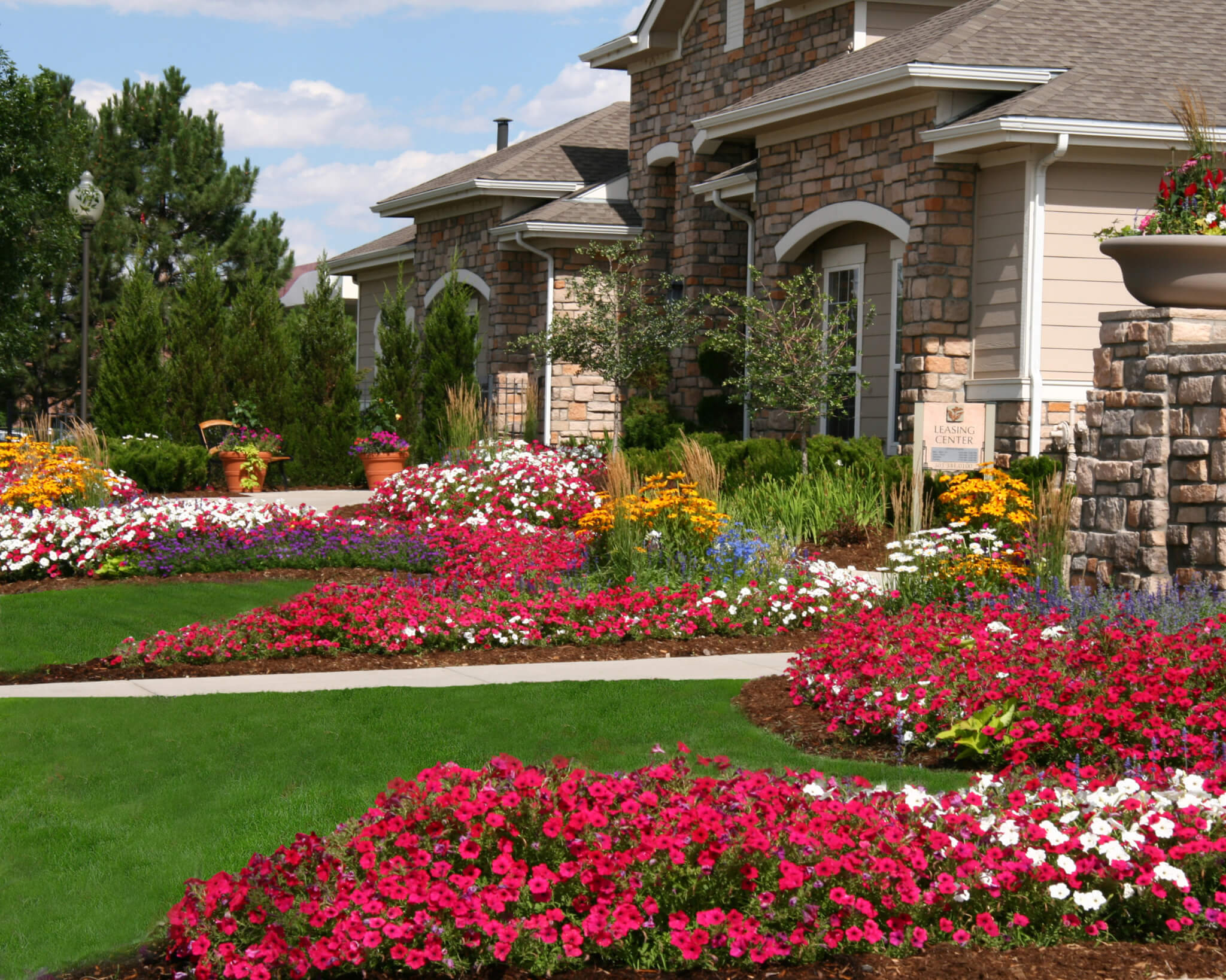 Lawn area in the building filled with different colours of flower plants