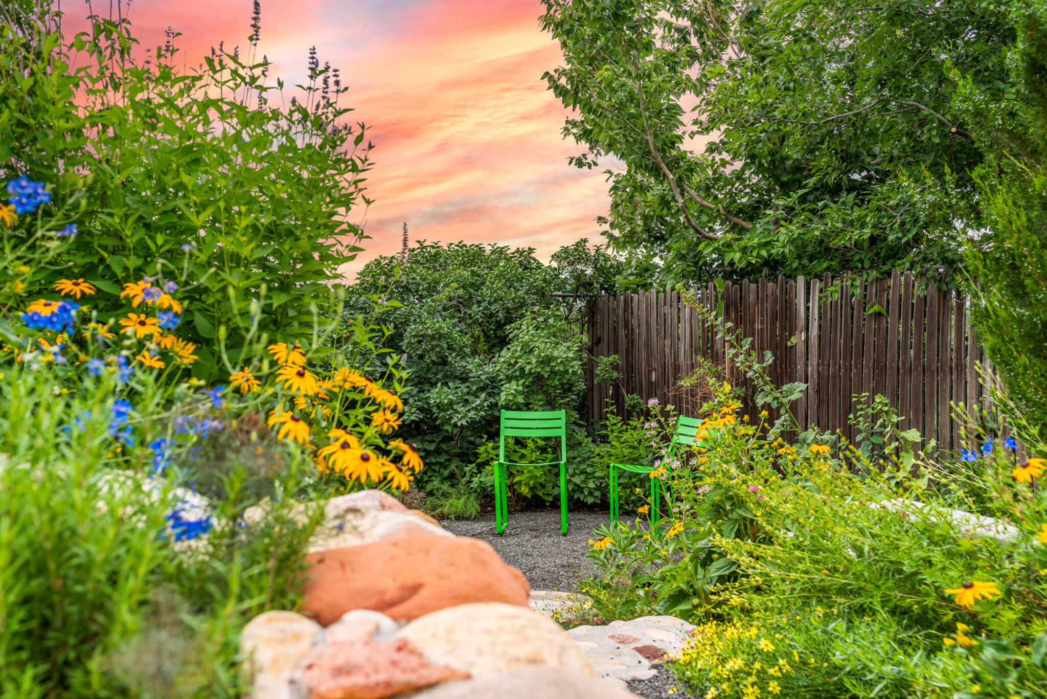 Garden with some chairs, flower plants and trees