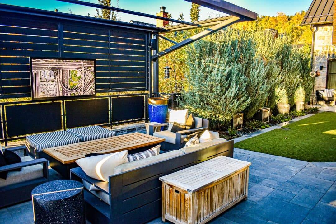Outdoor Living Space with TV and Couches