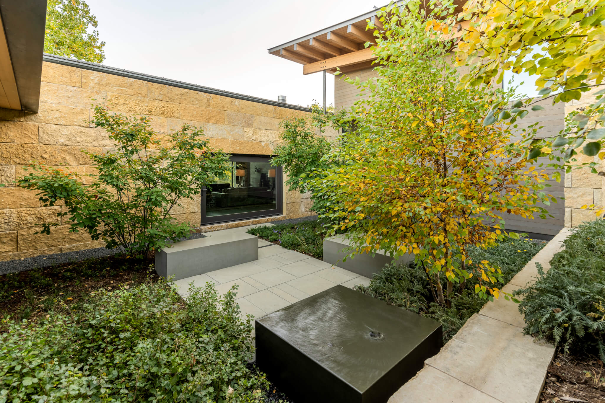 Outside patio surrounded with plants and trees